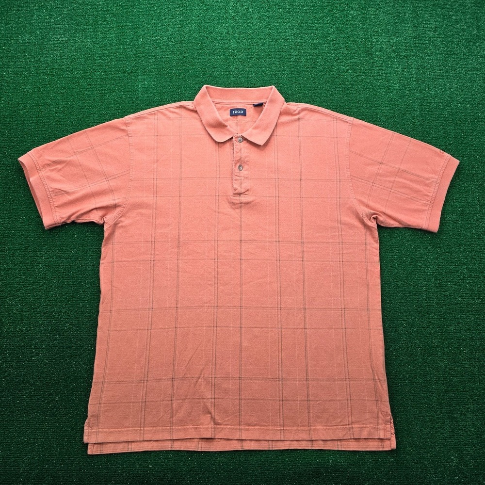 IZOD Classic Windowpane Grid Polo Shirt Mens XL Salmon Orange Golf Casual Cotton